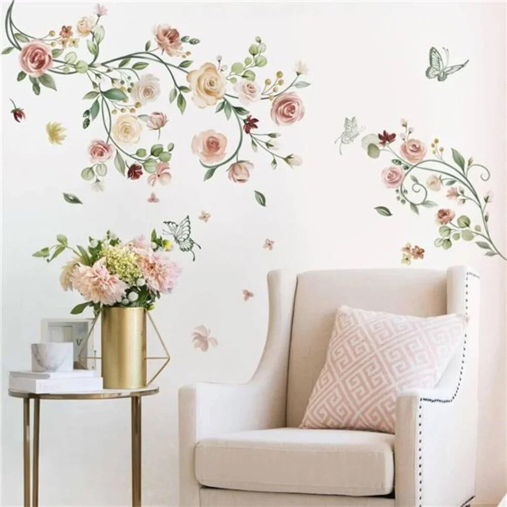 Rose Vine Wall Stickers Watercolor Floral Peel Stick Bedroom Living Room